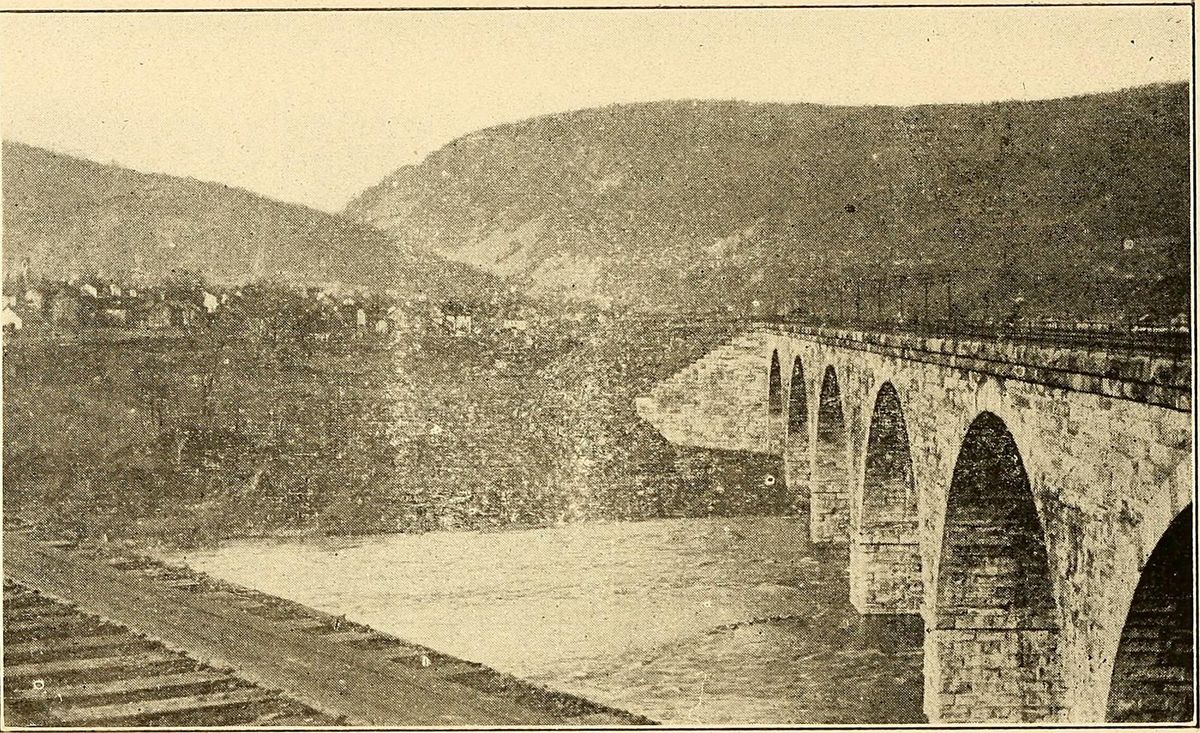 Jack's Mountain, Mount Union, the Juniata and the stone arch bridge, as printed in Welch's 1909 history of Mount Union.