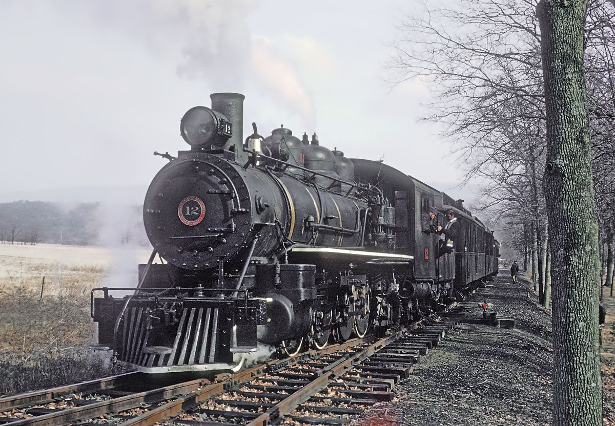 East Broad Top locomotive No. 12 on the wye near Shirleysburg, February 22, 1969.