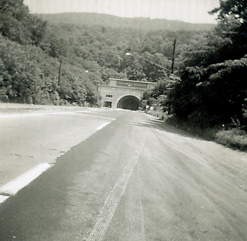 Approaching the Tuscarora Mountain Tunnel on the Pennsylvania Turnpike, July 24, 1955.
