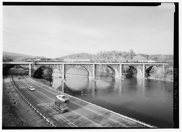 1. Overview elevation, looking NNE along Juniata River. - Pennsylvania Railroad, Mount Union Bridge, Spanning Juniata River