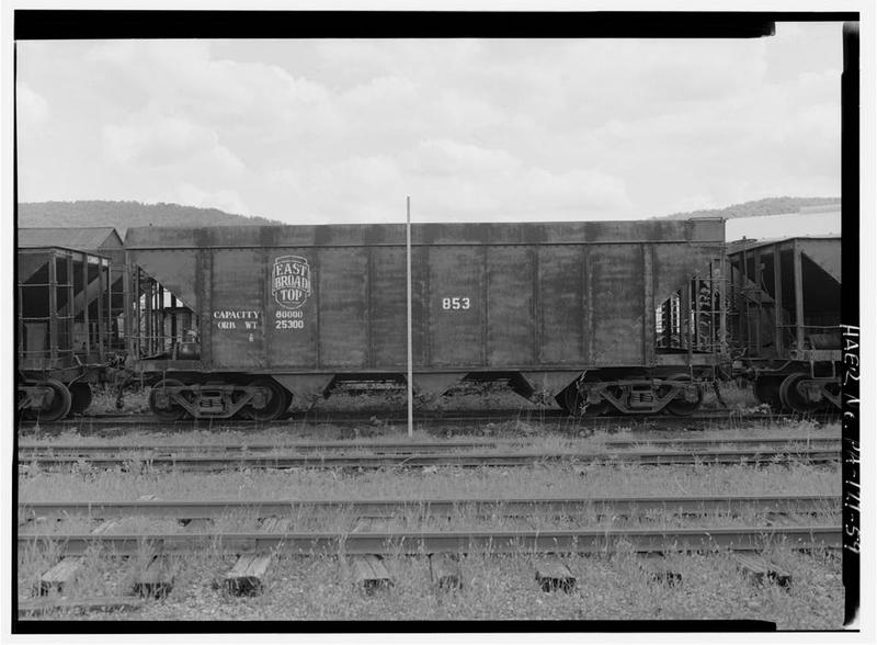 A typical East Broad Top three bay steel coal hopper car with side extensions, photographed for the federal engineering survey