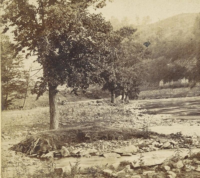 The mouth of Spruce Creek at the Little Juniata, from a stereograph made between 1859 and 1862
