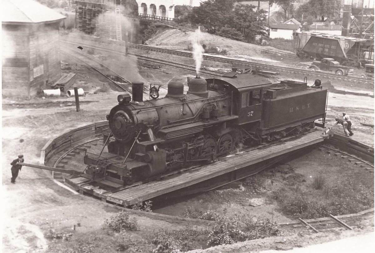 A Huntingdon and Broad Top Mountain Railroad engine on the turntable at Smithfield, taken between 1947 and 1949, as Myer Souders describes it