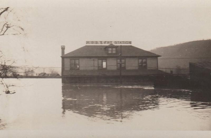 Floodwater around the H & B T freight station, in a photograph Myer Souders says his grandfather took looking east from their home on Mount Vernon Avenue.