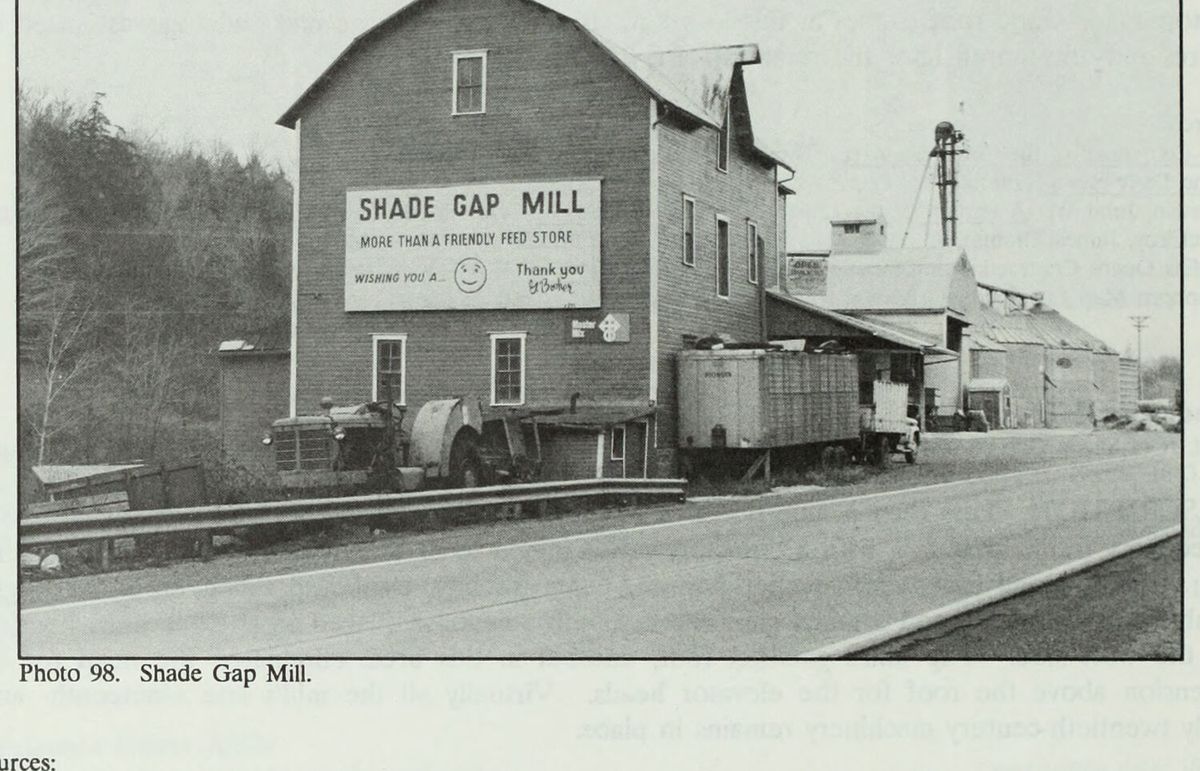 The Shade Gap mill on Route 522, still trading as a feed store when the survey photographed it.