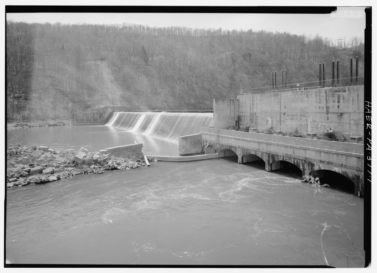 Downstream Face of Dam and Tailrace, Looking Southwest - Warrior Ridge Dam, Spanning Frankstown Branch of Juniata River, Petersburg, Huntingdon County, PA