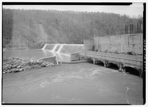 DOWNSTREAM FACE OF DAM AND TAILRACE, LOOKING SOUTHWEST - Warrior Ridge Dam, Spanning Frankstown Branch of Juniata River, Petersburg, Huntingdon County, PA