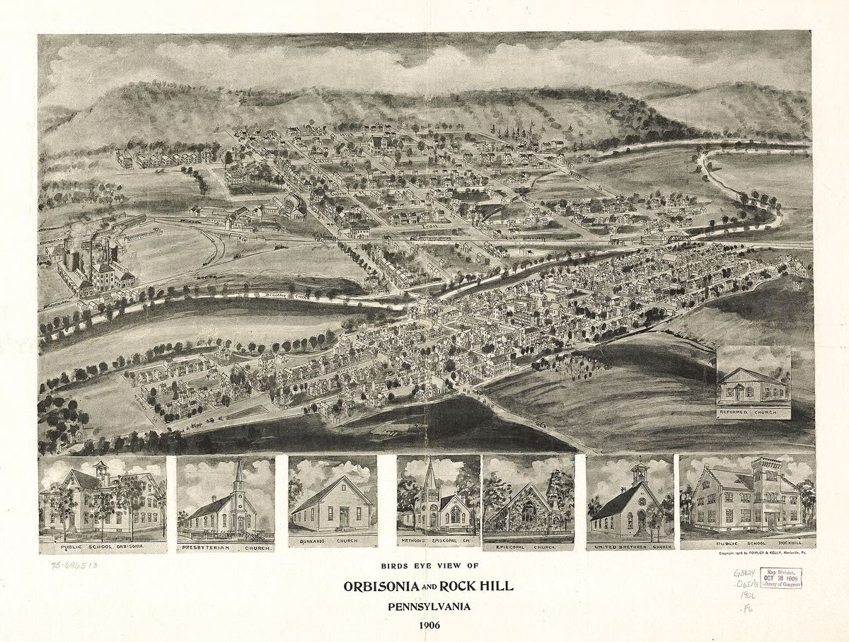 Birds eye view of Orbisonia and Rock Hill, Pennsylvania, 1906. A perspective map, not drawn to scale.