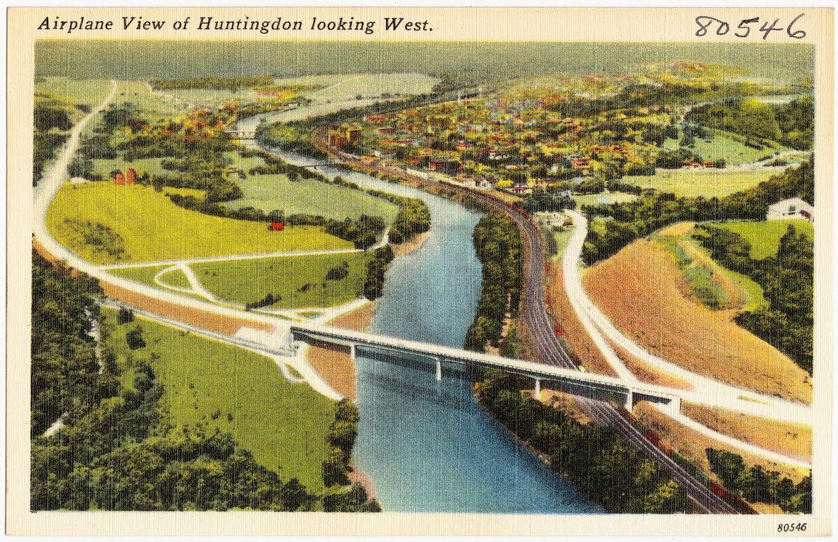 Airplane view of Huntingdon looking west, a linen-texture postcard published by W. A. Grimison and Son of Huntingdon, between about 1930 and about 1945