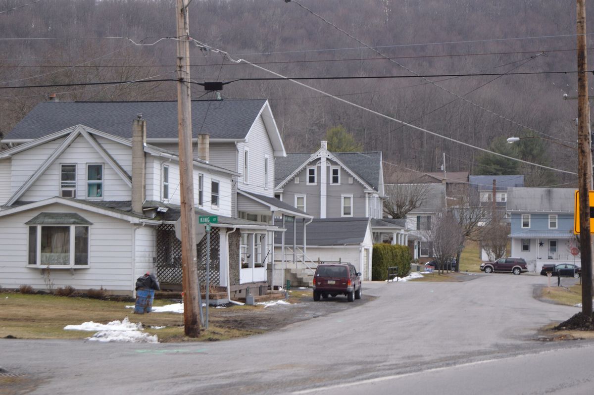 Houses at the junction of Barnett Road (Pennsylvania Route 913) with Schell and King Streets in Coalmont, Pennsylvania, United States.